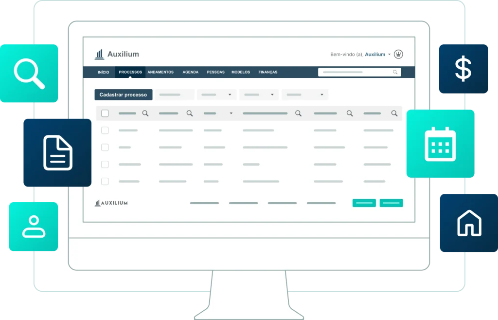Tela do sistema Auxilium com ícones representando funcionalidades como busca, agenda, finanças, pessoas e documentos.